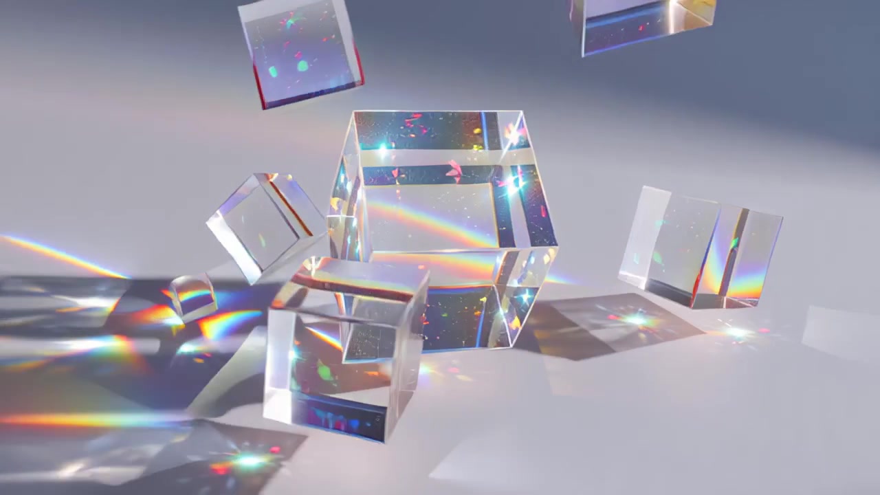 Imagens de cubos de vidro transparentes flutuando e repousando em uma cena de estúdio minimalista, projetando refrações de prisma de arco-íris e feixes de luz coloridos em uma superfície cinza suave