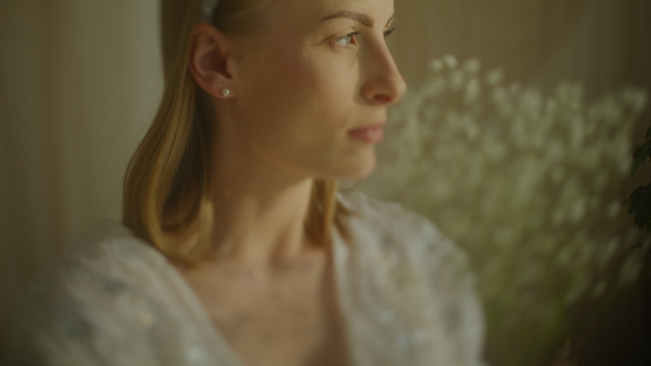 Contemplative Woman with Gypsophila Bouquet