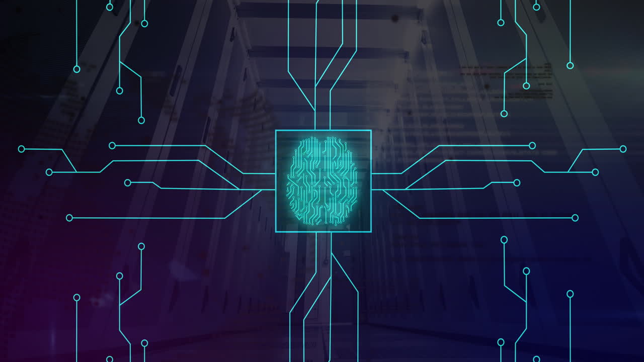 Animation of circuit board pattern, brain in square, globe against low angle view of server room