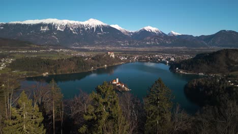 slow cinematic establishing drone shot above lake bled, slovenia