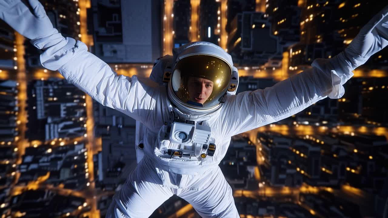 Astronaut Falling Over a Lit City at Night