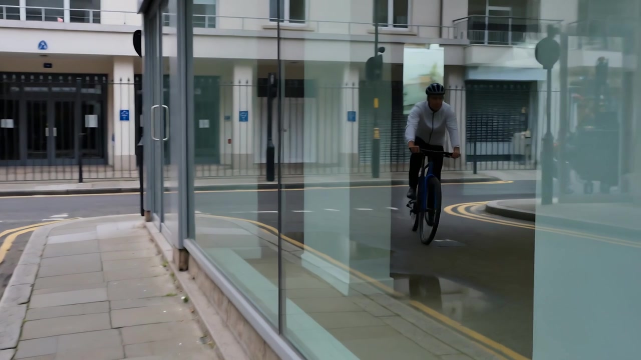 Entrando da sinistra, un ciclista con felpa con cappuccio e casco pedala, superando una pozzanghera e una vetrina