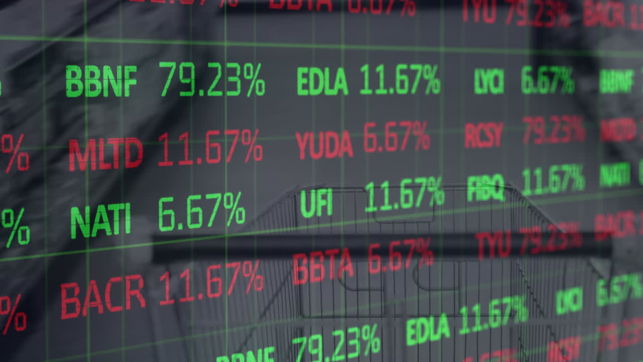 Animazione digitale di elaborazione di dati della borsa su sfondo di carrello della spesa in un supermercato