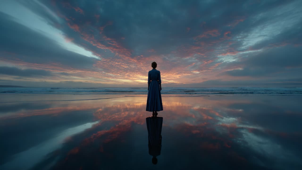 A Solitary Figure Gazes at the Dazzling Sunset Reflections on a Tranquil Beach, Surrounded by Dramatic Clouds and Serene Waters