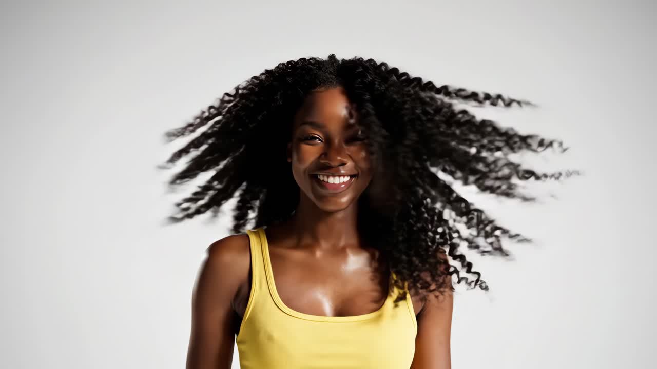 A beautiful woman with curly hair is smiling and cheerful