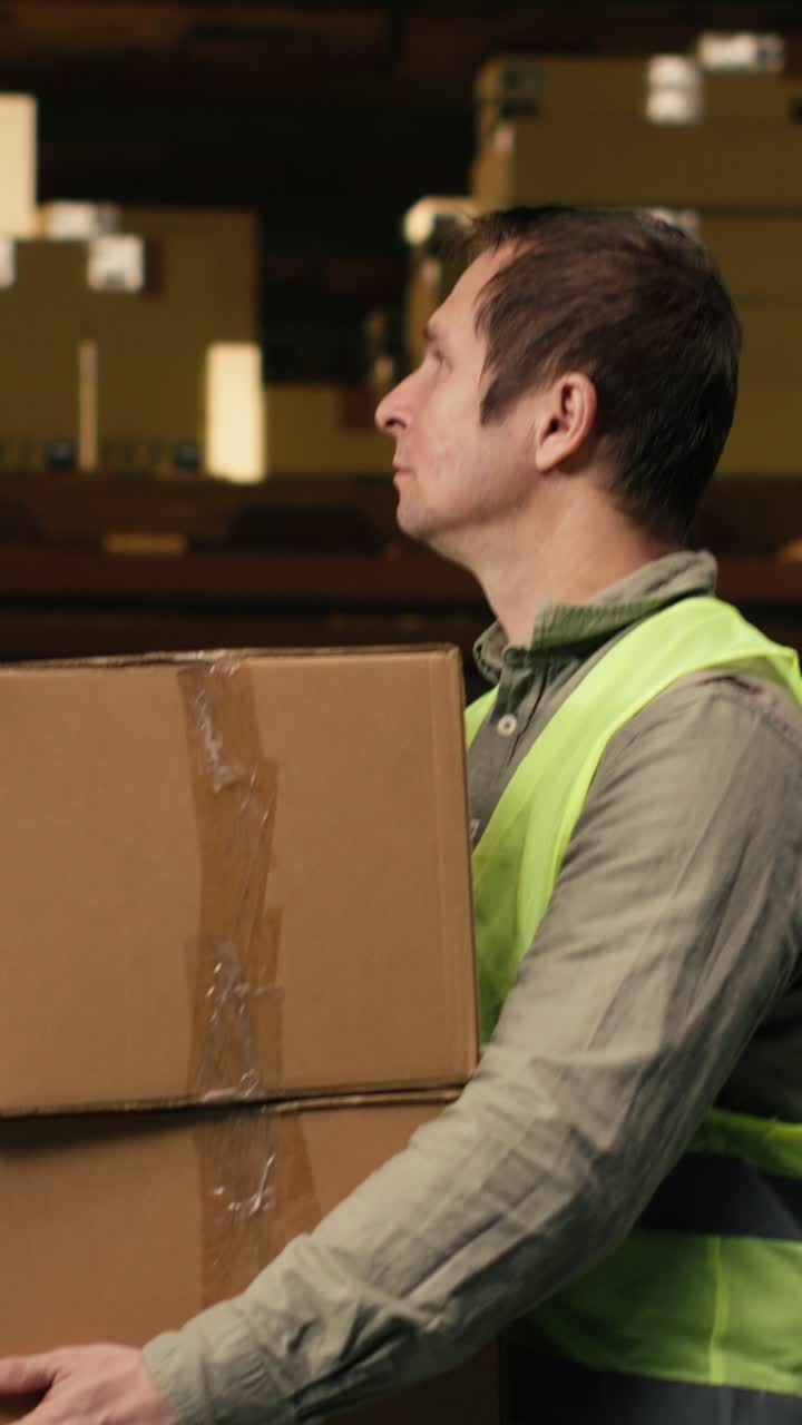 Vertical Video Warehouse Worker Stacking Cargo Pallets In Distribution Hub Facility