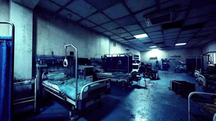 Neglected intensive care area filled with shadows and broken devices