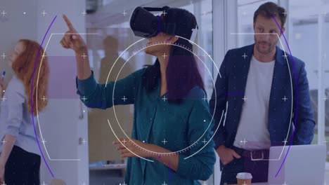 Animation-of-scope-scanning-over-businesswoman-wearing-vr-headset-and-moving-her-hands