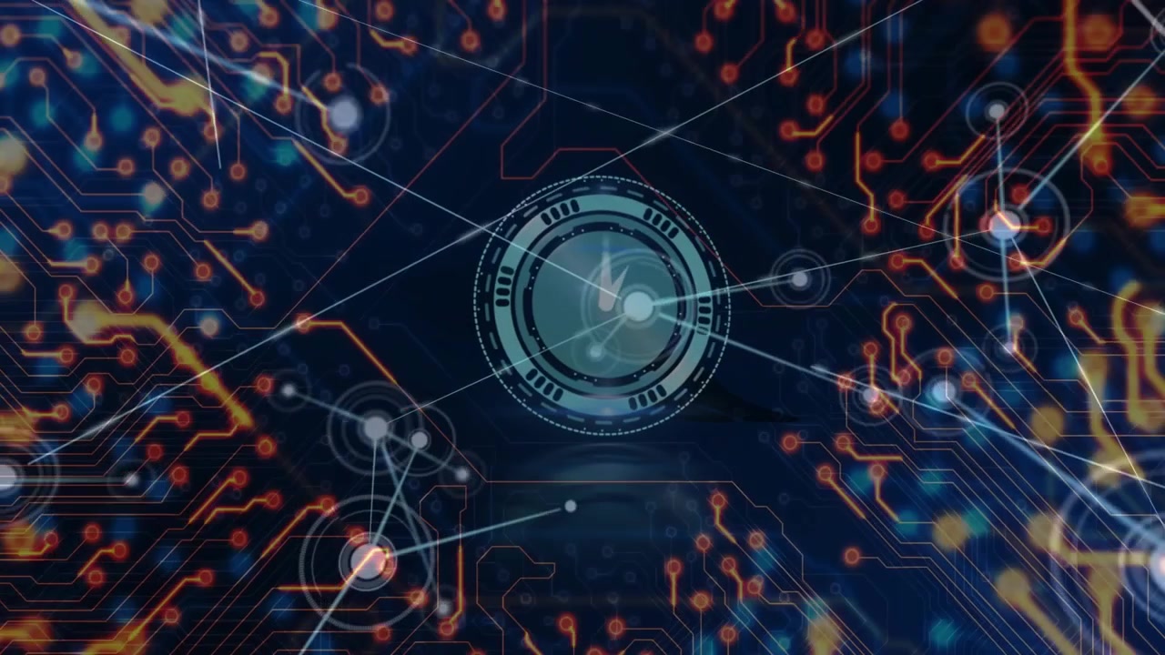 Central HUD rotating, pulsing, sending radial spokes, linking nodes, forming network in tech UI