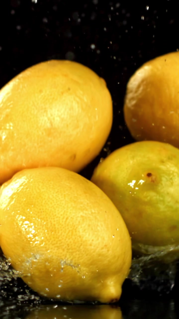 Limoni gialli freschi che cadono nell'acqua con schizzi al rallentatore