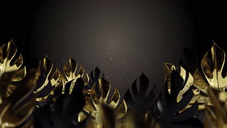 animation of gold tropical leaves with particles flying on brown background