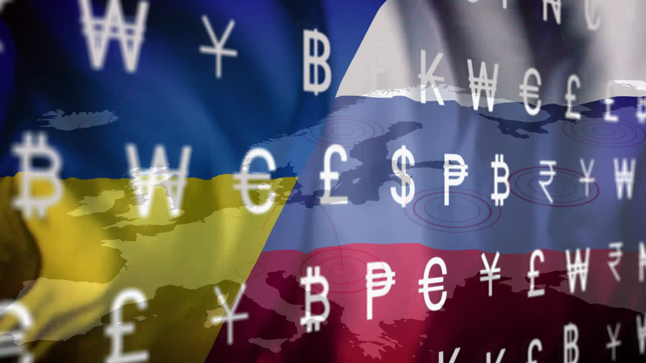 지도 배경에 우크라이나와 러시아의 발 위에 화폐 기호 애니메이션