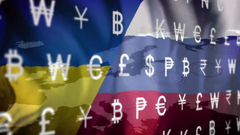 símbolos de divisas animación sobre las banderas de ucrania y rusia en el fondo del mapa