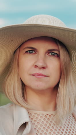 mujer elegante con sombrero de sol de pie al aire libre, sosteniendo su sombrero mientras mira pensativo a la distancia, el fondo presenta un paisaje abierto con árboles, hierba y un cielo pacífico
