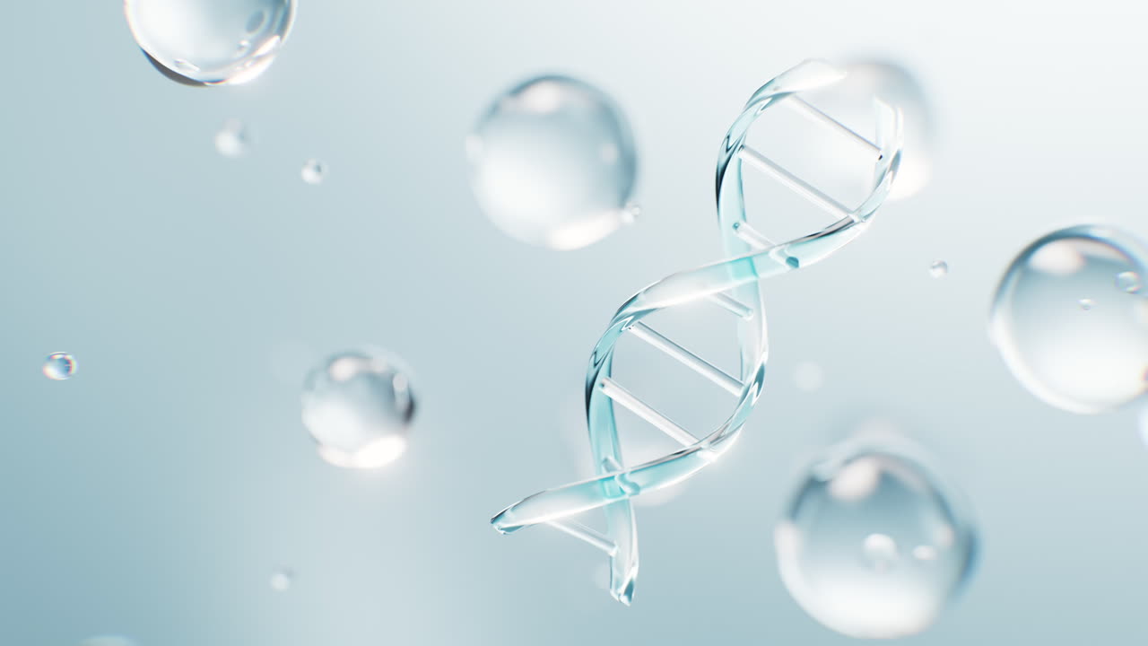 Transparent DNA and water bubbles, 3d rendering
