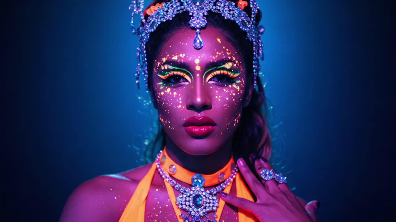 Trucco fluorescente sbalorditivo con dettagli intricati e colori vivaci, che celebra l'espressione artistica e la bellezza in un'esposizione visiva accattivante.