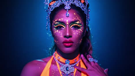 stunning glow-in-the-dark makeup featuring intricate details and vibrant colors, celebrating artistic expression and beauty in a captivating visual display