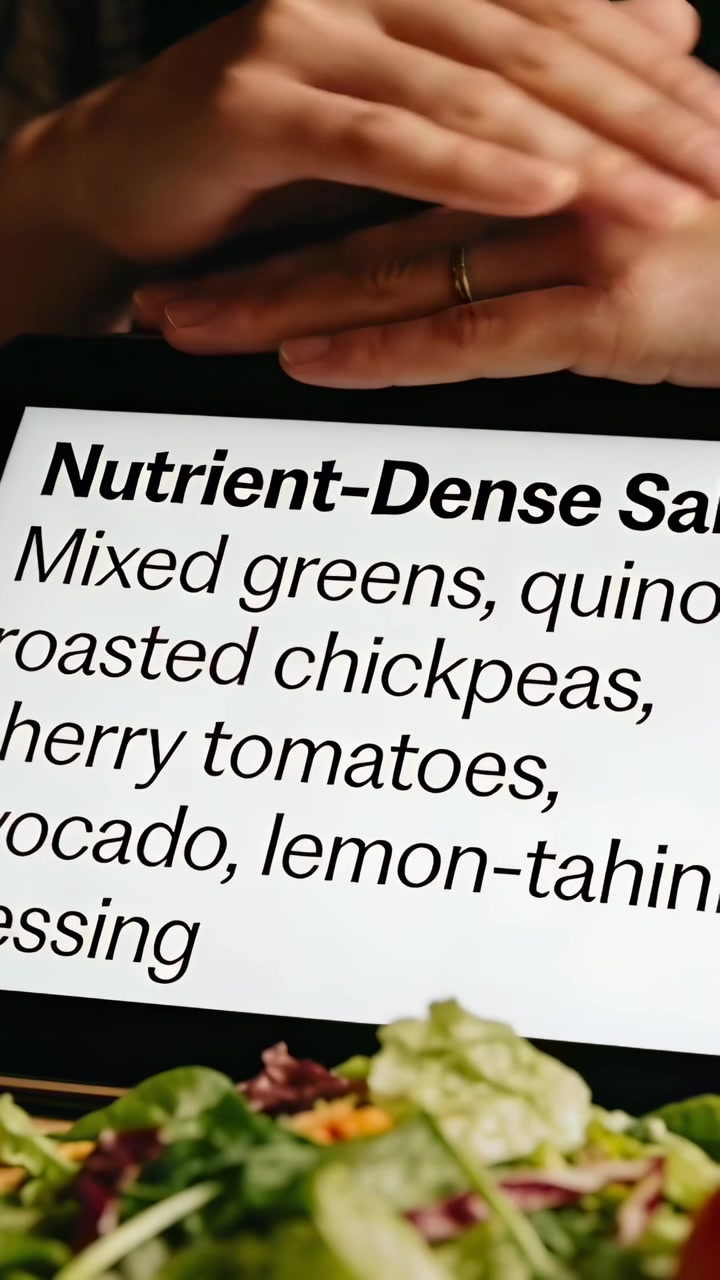 Vertikal video: Læser tablet-menu, voksne hænder justerer ved spisebord, salat og ring synlig