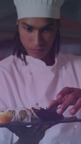 animation of biracial male chef preparing sushi