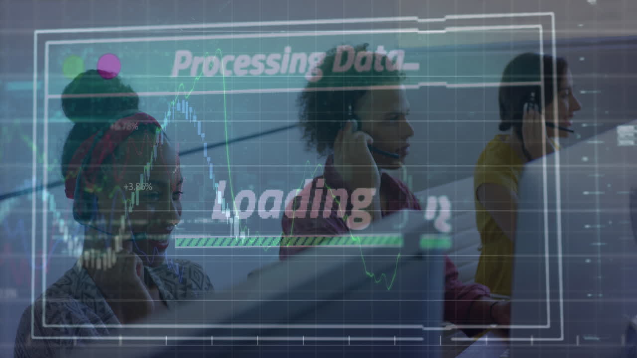 다양한 비즈니스 사람들에 대한 텍스트 및 데이터 처리의 애니메이션