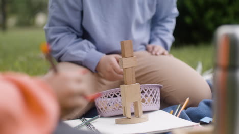 close-up beeld van een klein meisje met down-syndroom het bouwen van een houten toren zitten in het park