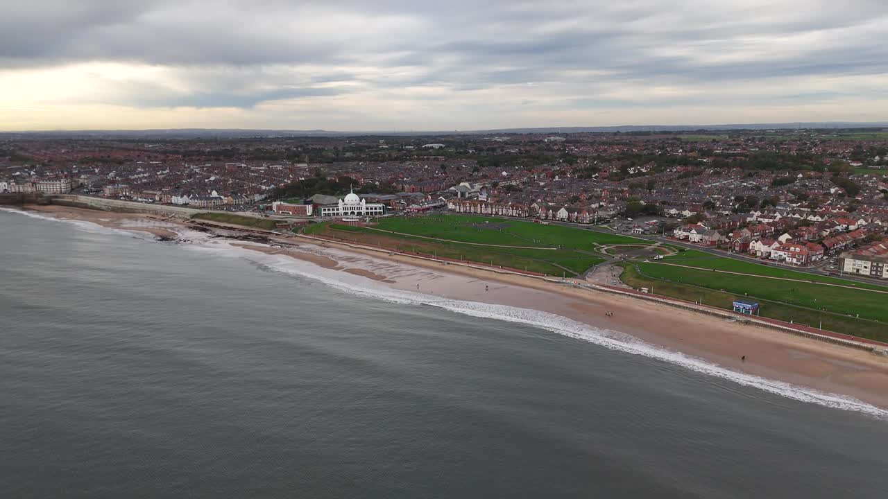 Aerial drone view Whitley Bay seaside beach british town city english city tyne and wear north east england coastline