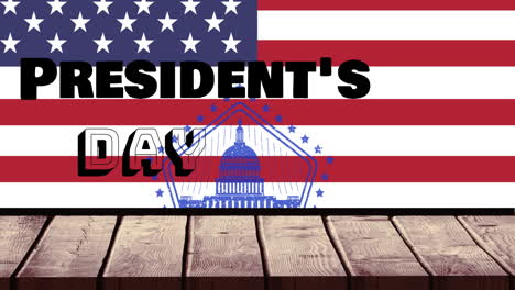 animation of president's day text and building icon over american flag