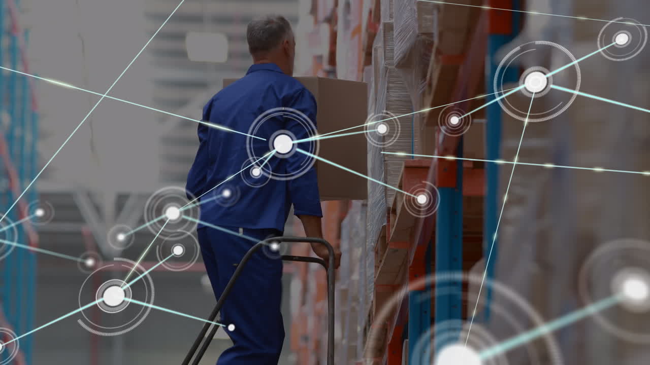 animación de la red de conexiones sobre el hombre caucásico en el almacén