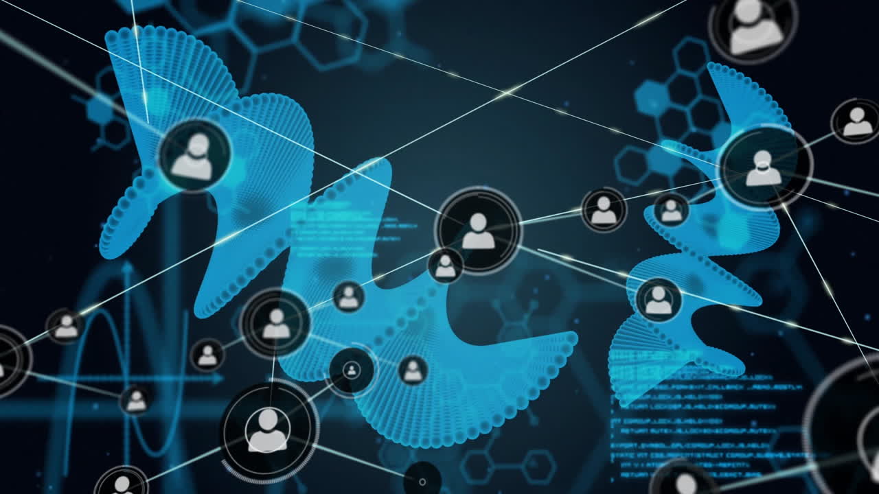 Rete di connessioni e animazione di elaborazione dati su forme blu astratte.