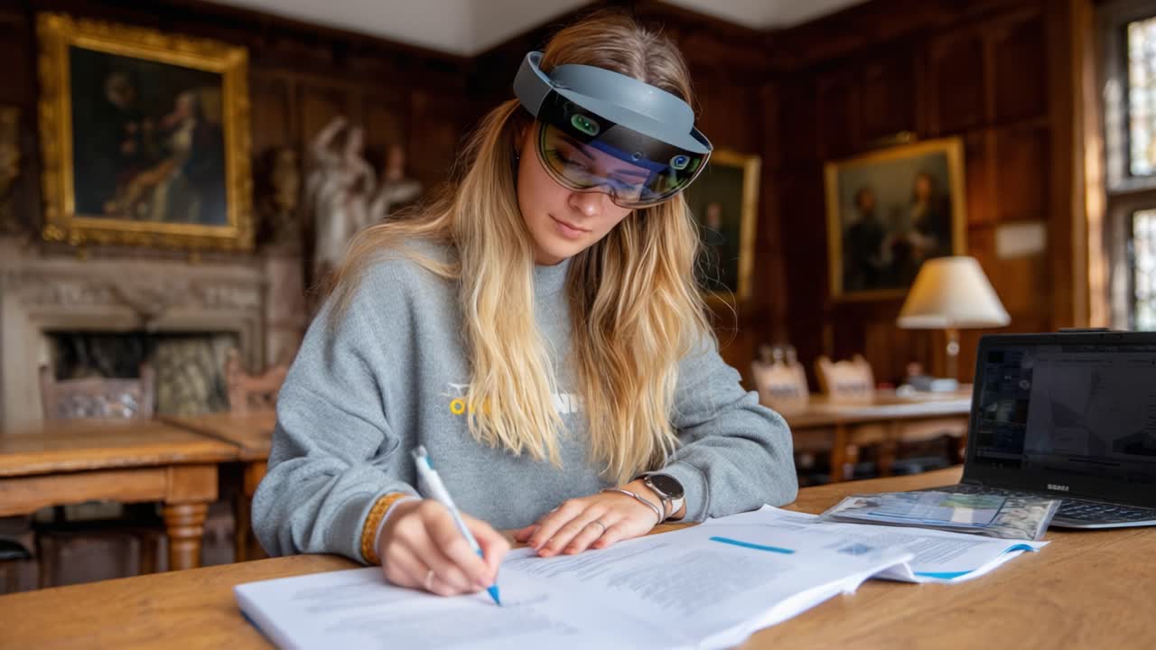A Student Engaged in Study While Using Augmented Reality Glasses in a Cozy Library Setting, Combining Technology with Learning for Enhanced Focus and Productivity
