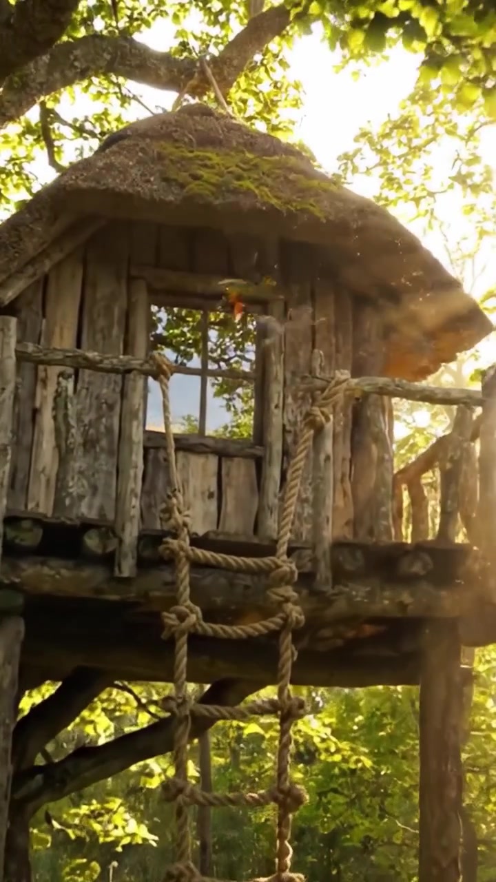 Incantevole casa sull'albero immersa tra una folta vegetazione, caratterizzata da una struttura in legno rustica, una scala di corda e una finestra accogliente che si affaccia sulla bellezza della natura.