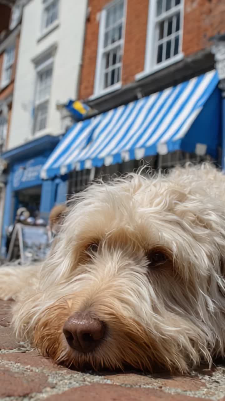 Un chien détendu observant la vie depuis le trottoir : des moments captivants d’un canidé curieux dans une scène de rue animée