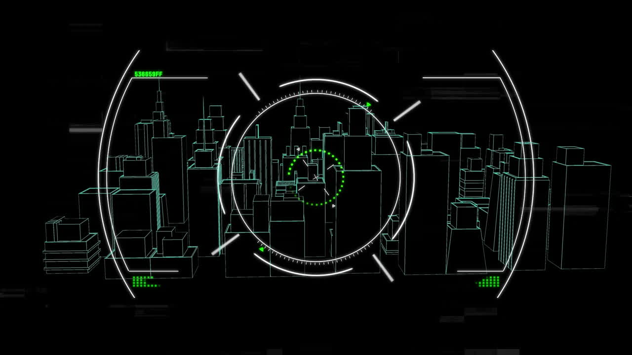 animación del alcance del escaneo sobre el dibujo del paisaje urbano en 3d