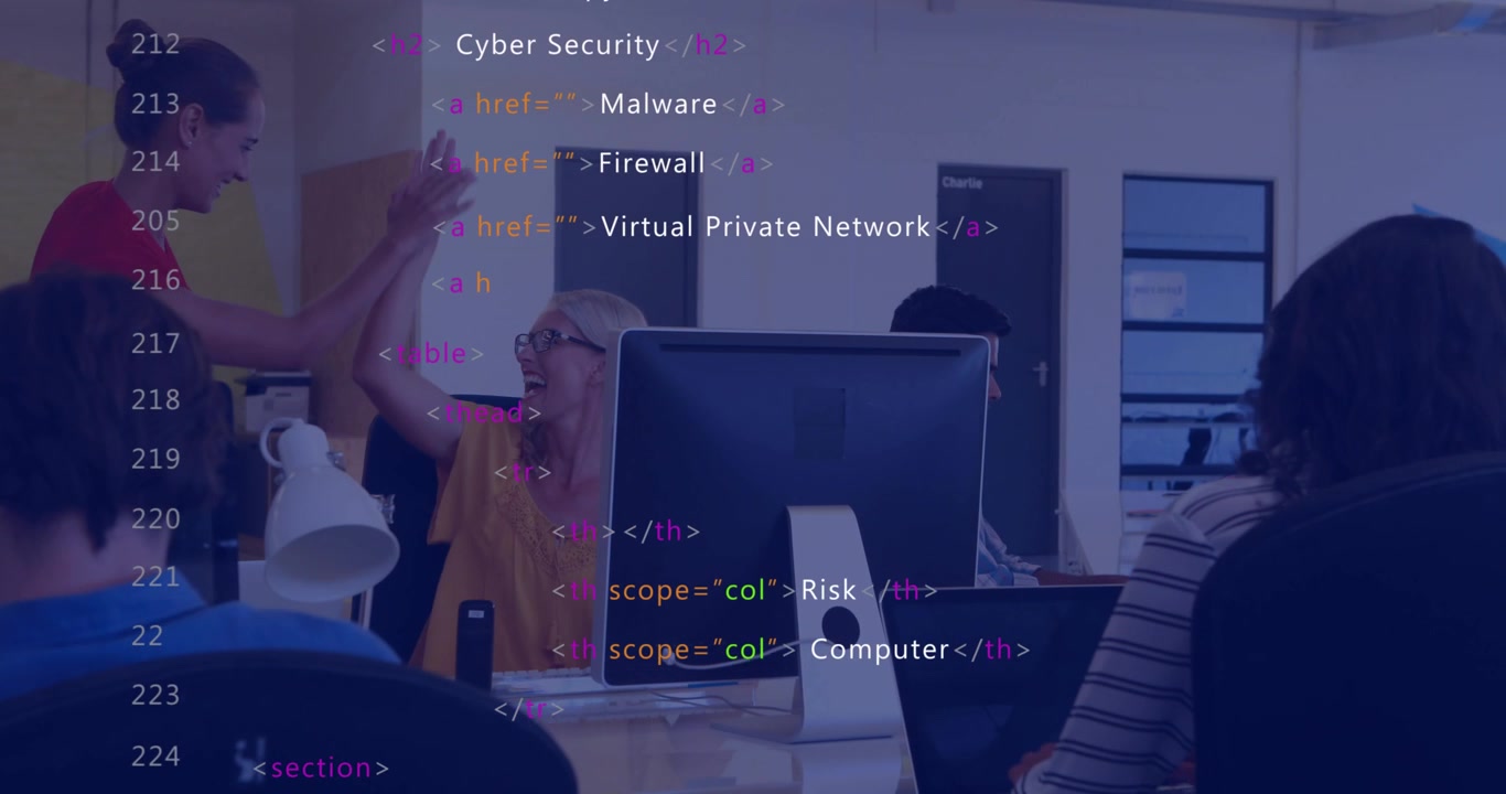 Two office women leaning over monitor reacting to cyber alert, code overlay cycling high-fiving