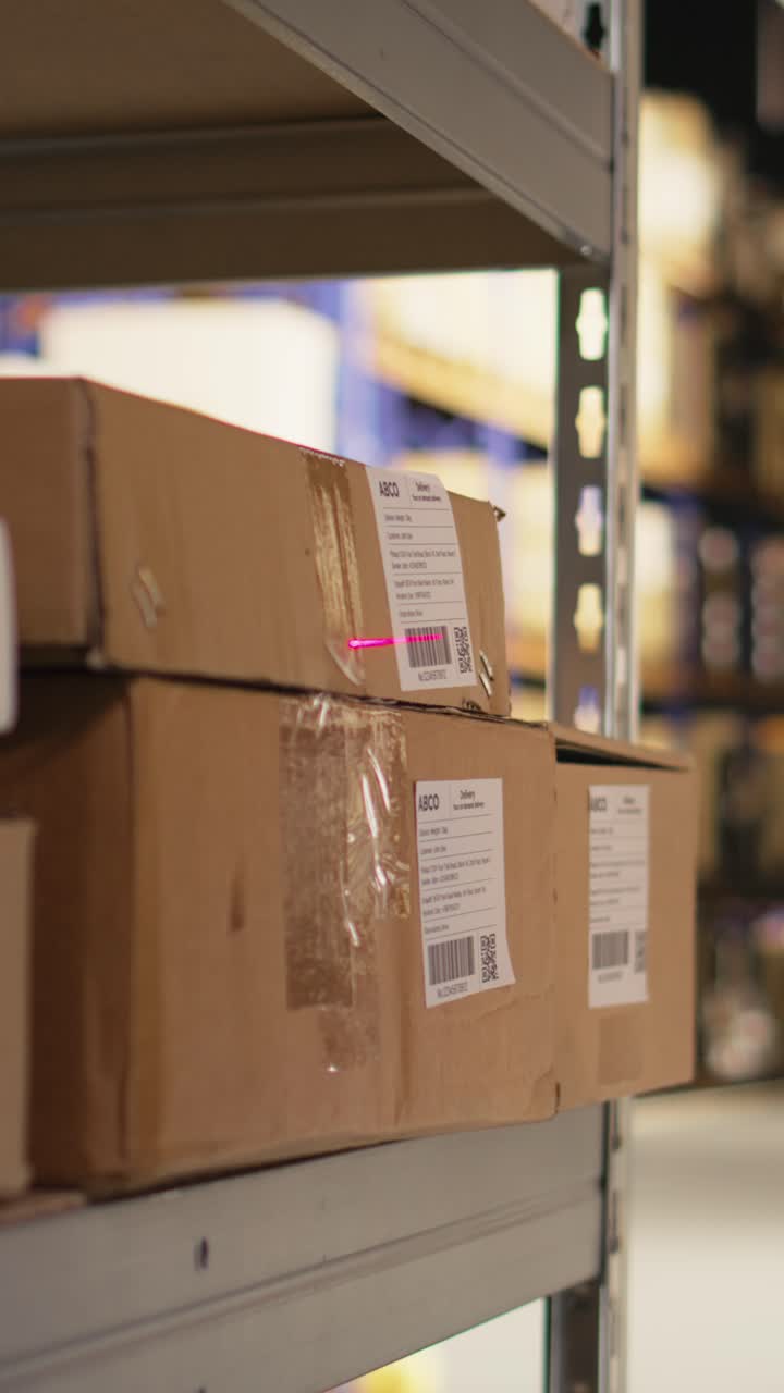 Video verticale: Primo piano di personale logistico che scansiona le etichette delle lettere di vettura aerea per la registrazione dell'inventario.