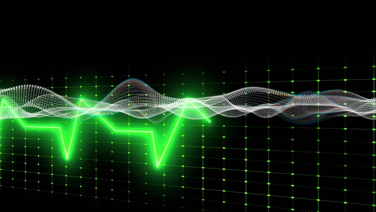 Left pulse appearing, neon green wave sending peaks and aligning with white mesh, showing data flow