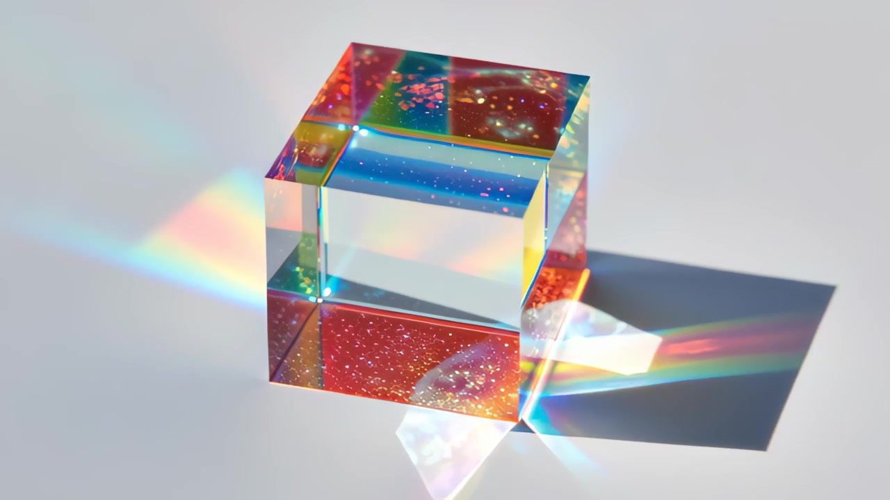 Cubo prismatico ottico astratto rifrange lo spettro dell'arcobaleno e proietta raggi di luce colorati e ombra su superficie bianca, sfondo pulito e minimale per immagini scientifiche e di design