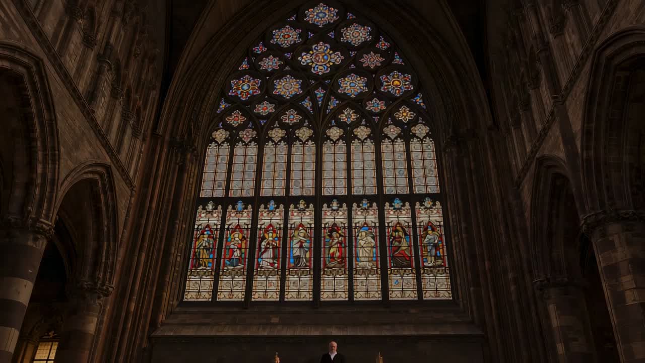 Lowering camera showing priest holding book and altar server beneath church stained glass window