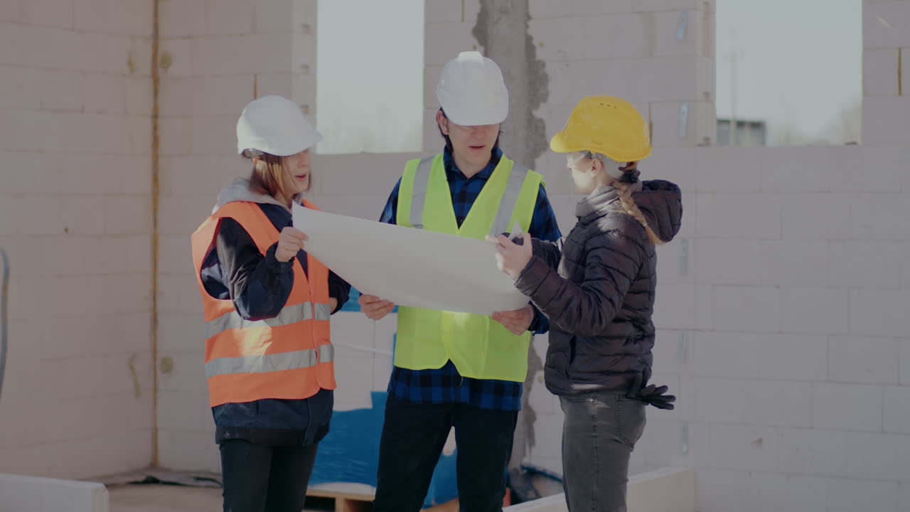 Confident female engineer analyzing and discussing blueprint with young workers at construction site