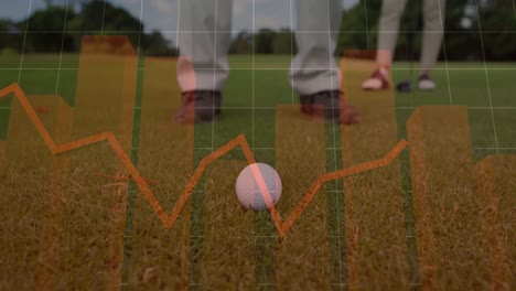 animation of statistical data processing over mid section of a man playing golf at golf course