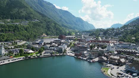 Odda-Village-Centre-at-Hardanger-Fjord-in-Vestland,-Norway,-Scandinavia---Aerial