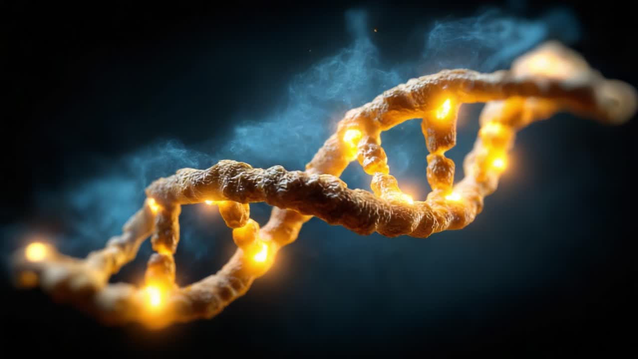 Illuminated DNA Helix with Glowing Elements and Ethereal Smoke, Representing Genetic Engineering and Molecular Biology Concepts in a Surreal Visual Display