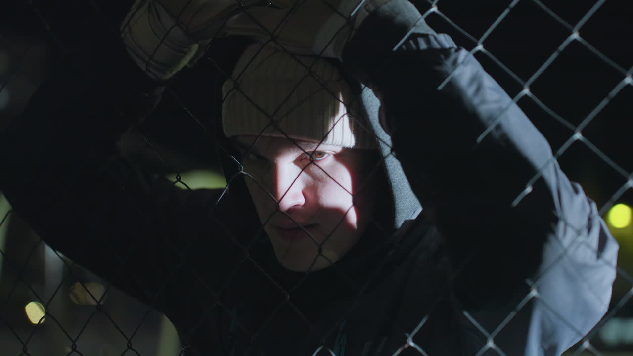 Man resting on mesh-like fence during nighttime, light reflecting off his face showcasing exhaustion and focus, wearing gloves and hooded jacket, urban background illuminated by streetlights