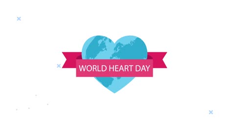 world heart day lettering animation with earth planet and ribbon