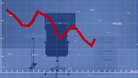 red line graph and processing data over chair and computer on desk in empty office