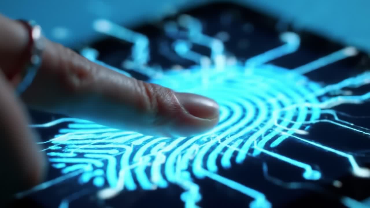 A close-up view of a finger pressing on a digital screen, illuminating a vibrant blue fingerprint. The demonstration showcases biometric identification technology and its modern applications.