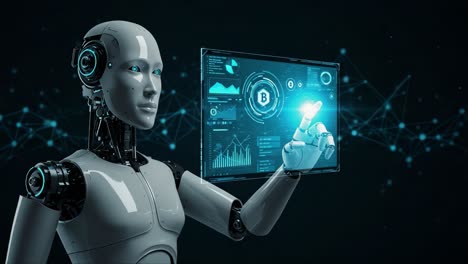 analyzing data and making decisions: a robot engaging with digital information in a high-tech environment