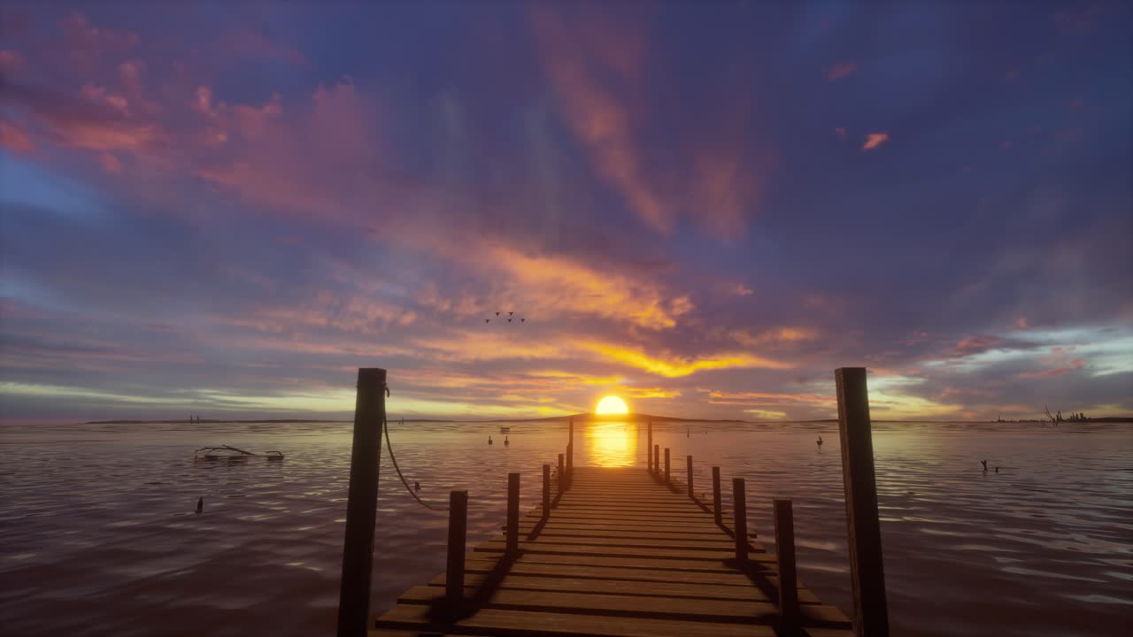 Dermaga kayu membentang ke danau saat matahari terbenam dengan langit penuh warna.