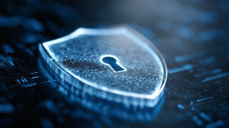 A High-Definition Close-Up of a Futuristic Shield Icon with a Keyhole, Symbolizing Cybersecurity and Protection in a Digital Landscape