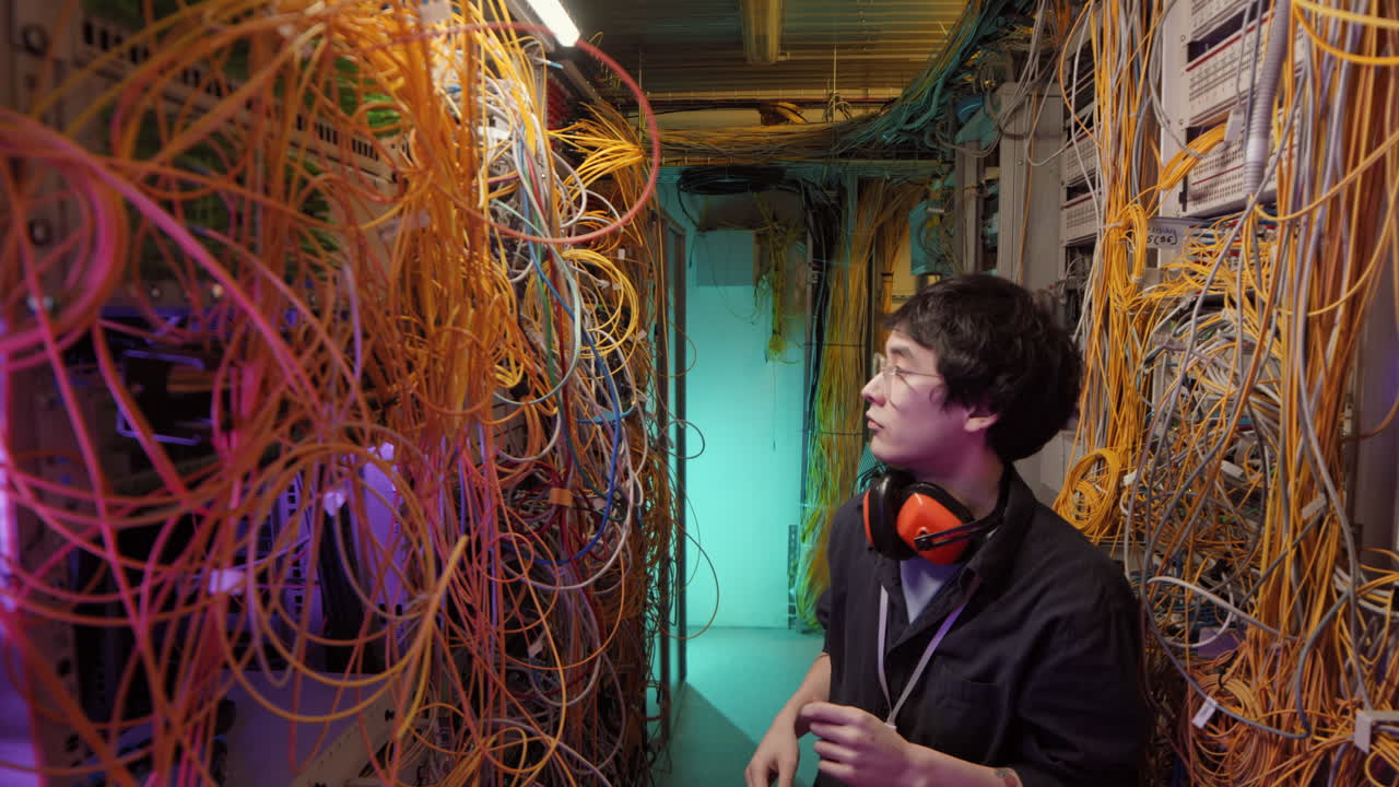 Asian IT Administrator Checking Server Wires